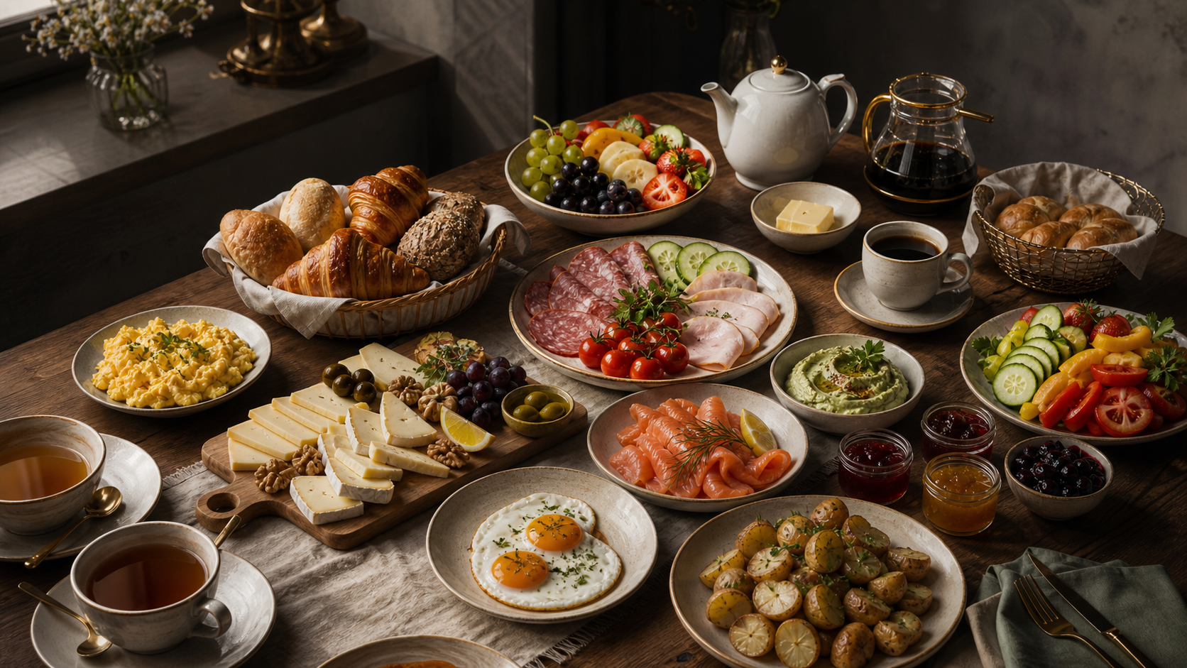 Frühstücksbuffet mit Croissants, Obst, Dips und Heißgetränken
